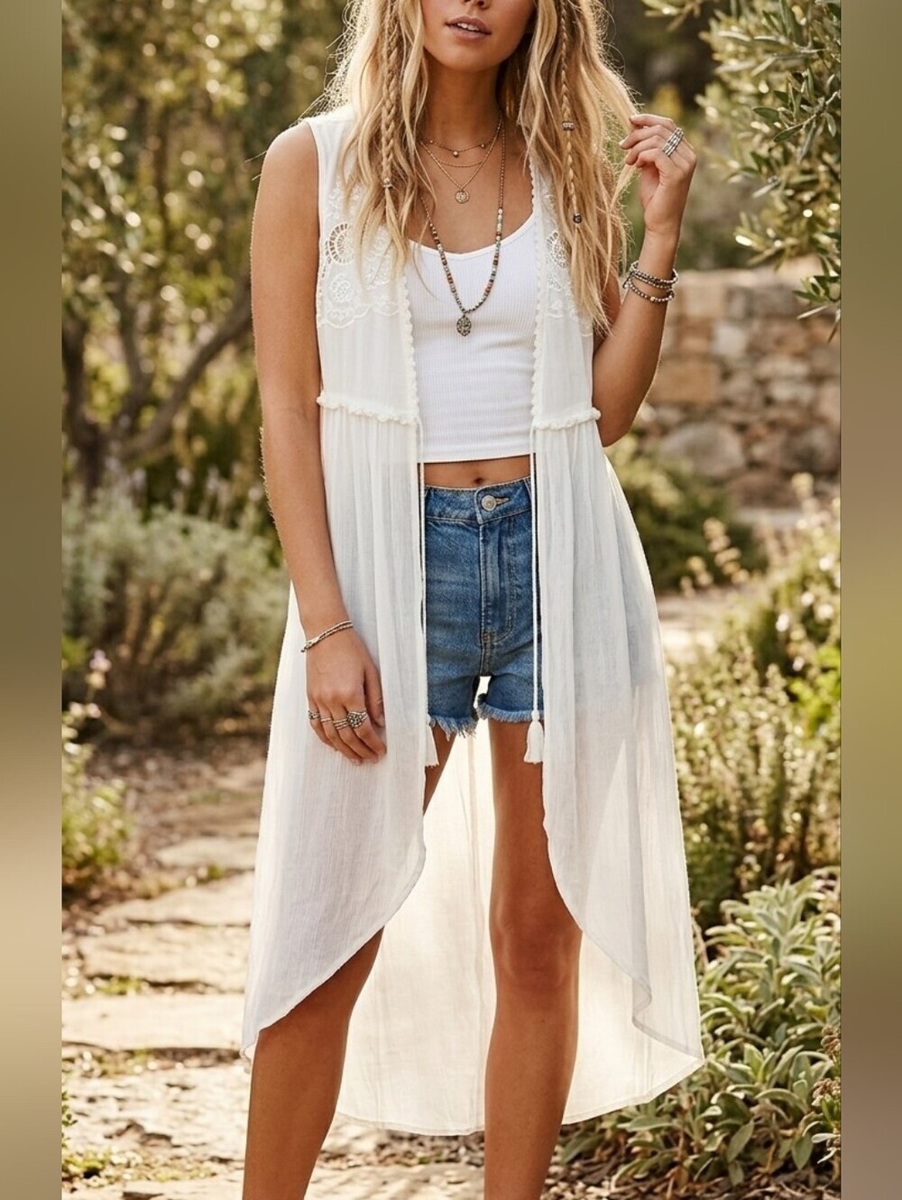 White Sheer Lace Vest Wrap Size Large Tassels Drapey